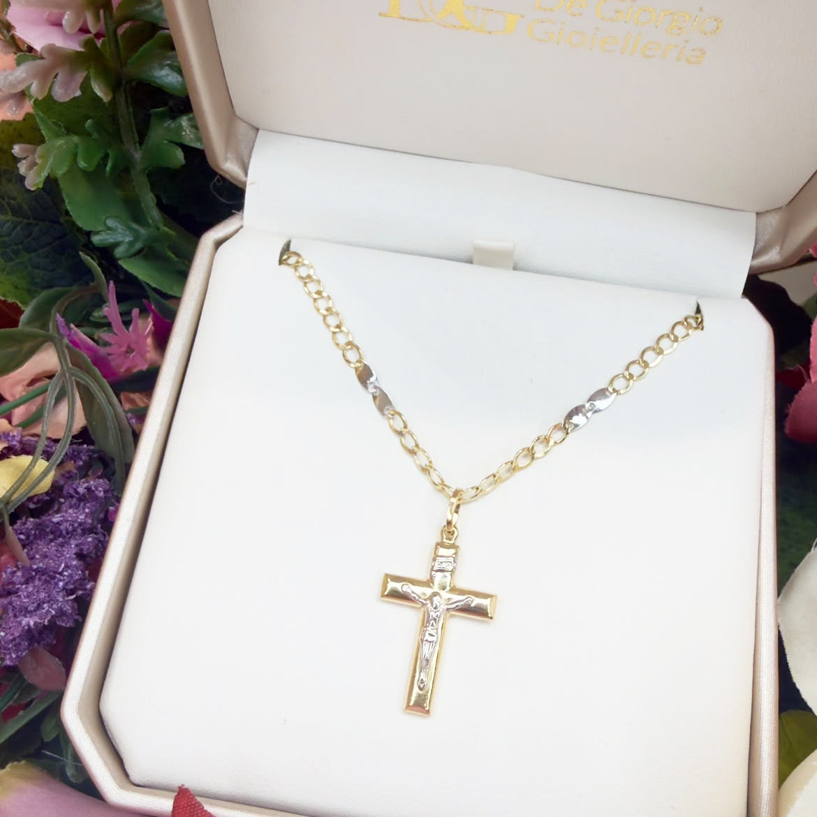 COLLANA UOMO CON CROCIFISSO BICOLORE IN ORO 18 KT (750)