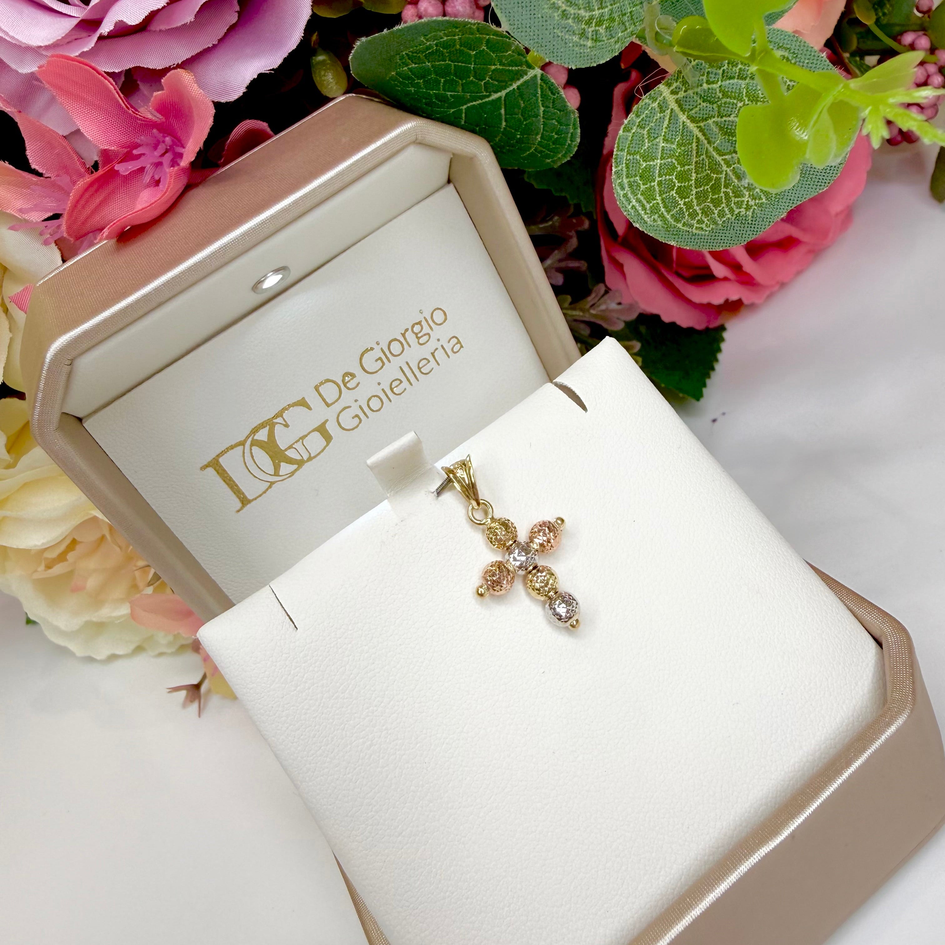 Ciondolo a croce in oro giallo, bianco e rosa 18KT (750) con sfere diamantate unisex