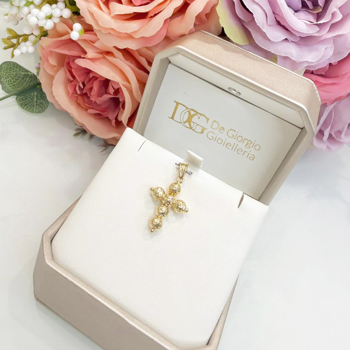 Ciondolo a croce in oro giallo 18KT (750) con sfere diamantate unisex