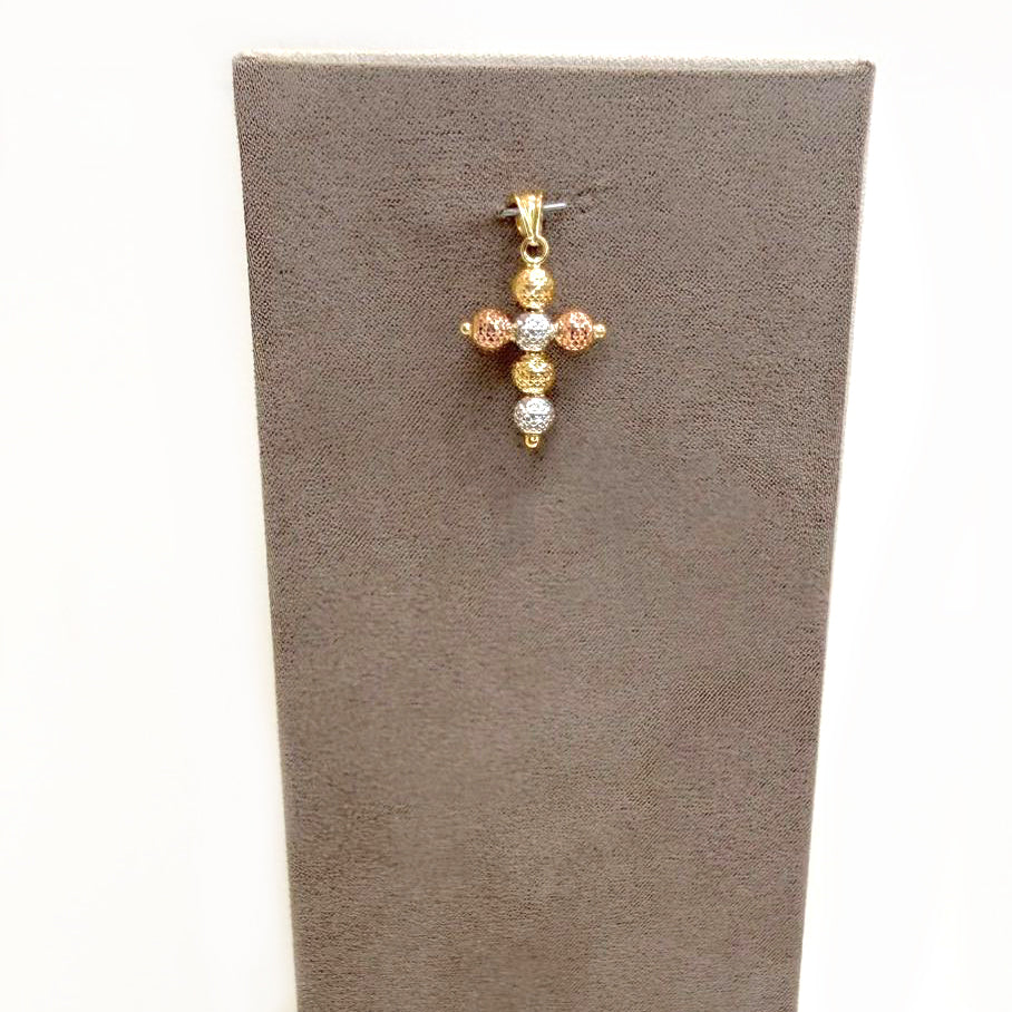 Ciondolo a croce in oro giallo, bianco e rosa 18KT (750) con sfere diamantate unisex