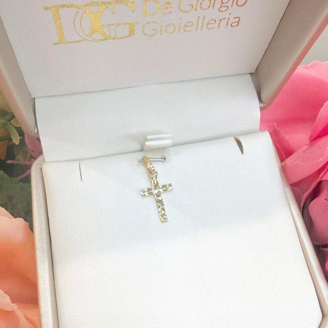 Ciondolo croce unisex in oro giallo (750) con lavorazione diamantata
