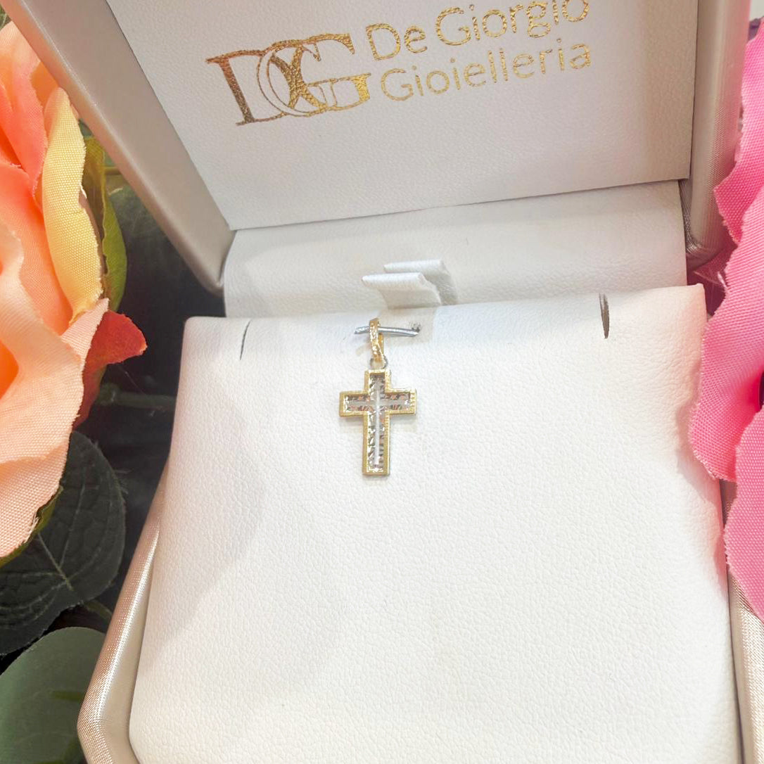 Ciondolo croce unisex in oro giallo e bianco (750) con lavorazione diamantata