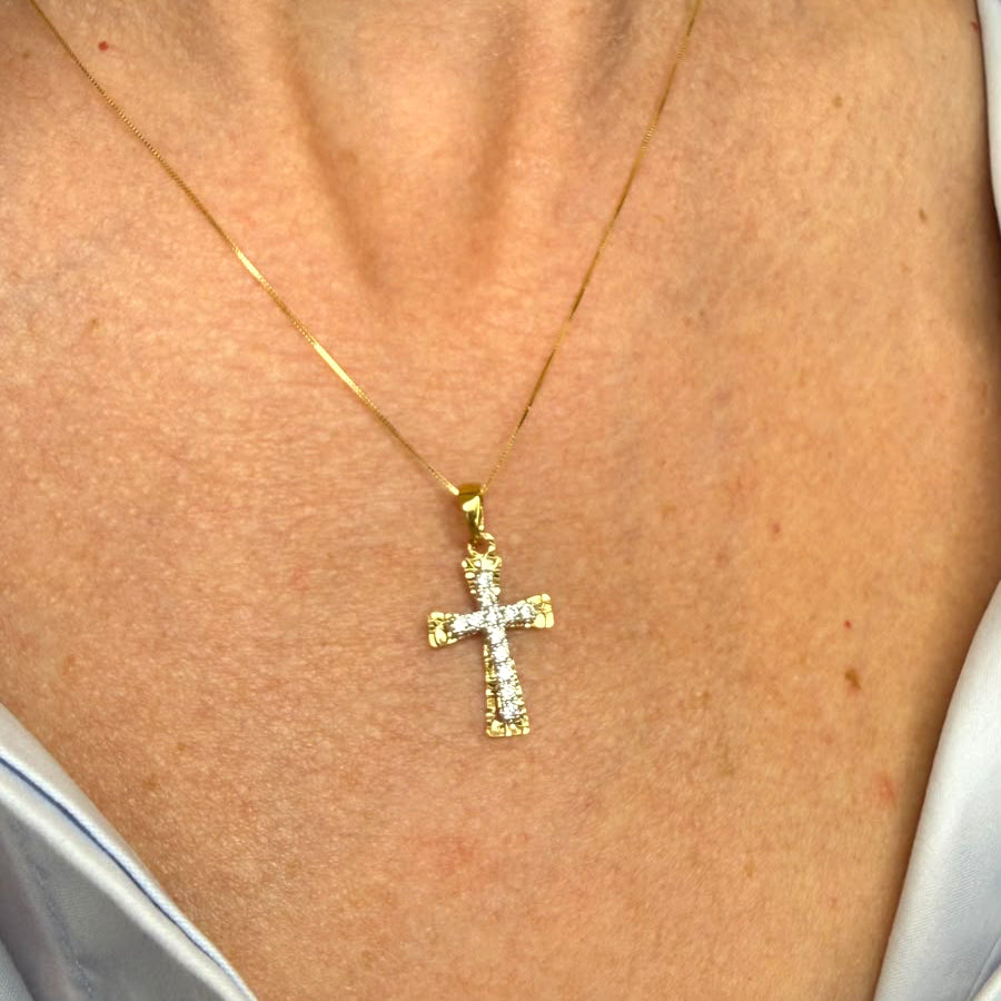 Croce bicolore con zirconi in oro giallo 18 KT (750)
