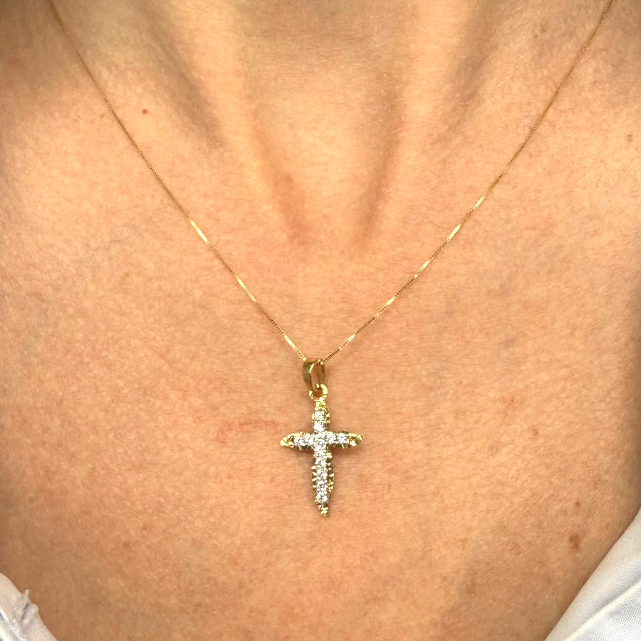 Croce bicolore con zirconi in oro giallo 18 KT (750)