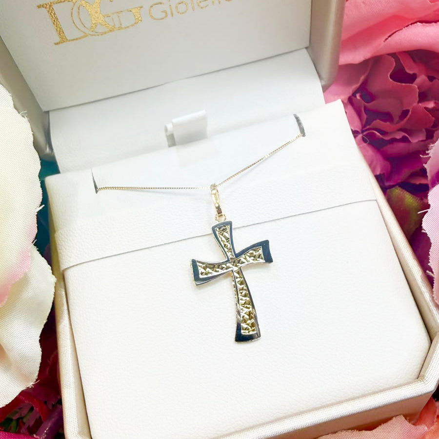 Croce bicolore diamantata in oro giallo 18 KT (750)