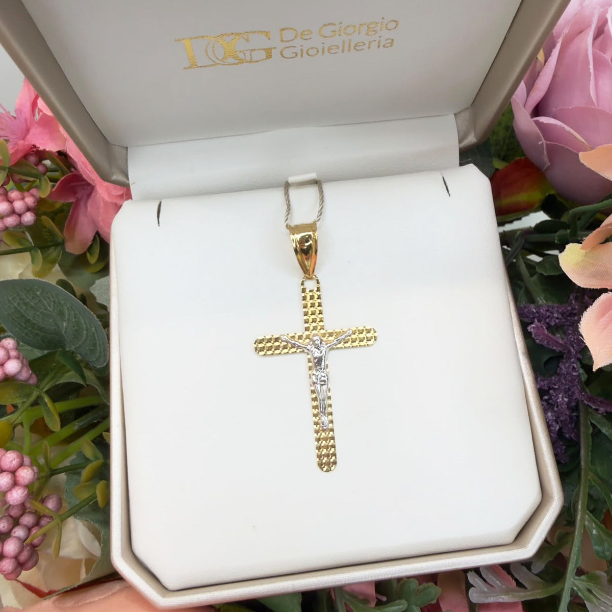 CROCE CON CRISTO IN ORO GIALLO E BIANCO 18 KT (750)