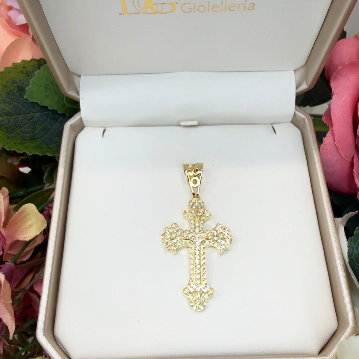 PENDENTE CROCE UOMO IN ORO GIALLO 18 KT (750) CON ZIRCONI