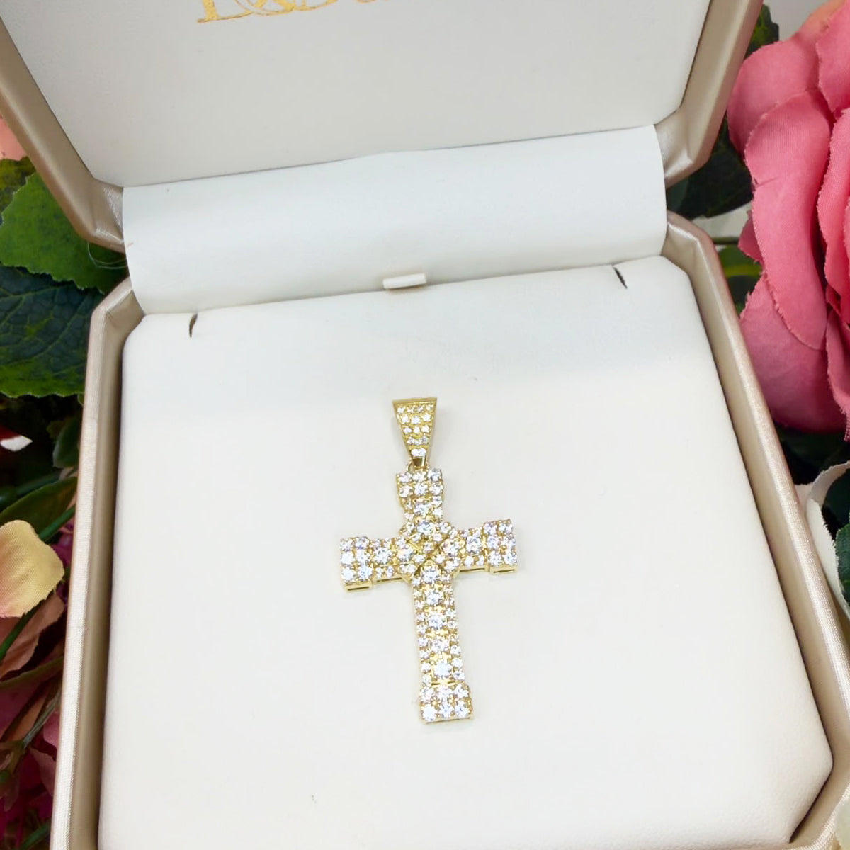 PENDENTE CROCE UOMO IN ORO GIALLO 18 KT (750) CON ZIRCONI
