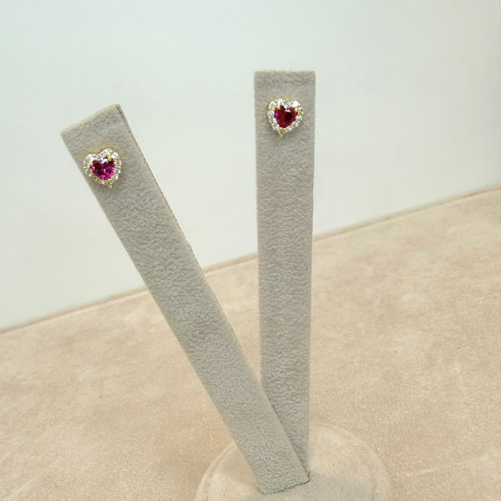 ORECCHINI CUORE CON ZIRCONI ROSSI E BIANCHI IN ORO 18 KT