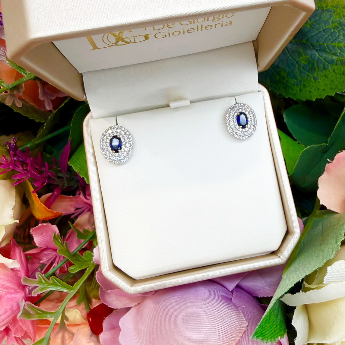 ORECCHINI IN ORO BIANCO 18 KT (750) CON PIETRA BLU E ZIRCONI