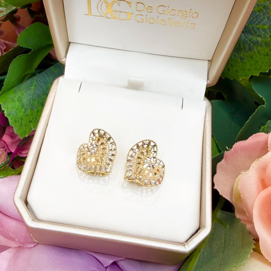 ORECCHINI A CUORE IN ORO GIALLO 18 KT (750) CON LAVORAZIONE DIAMANTATA