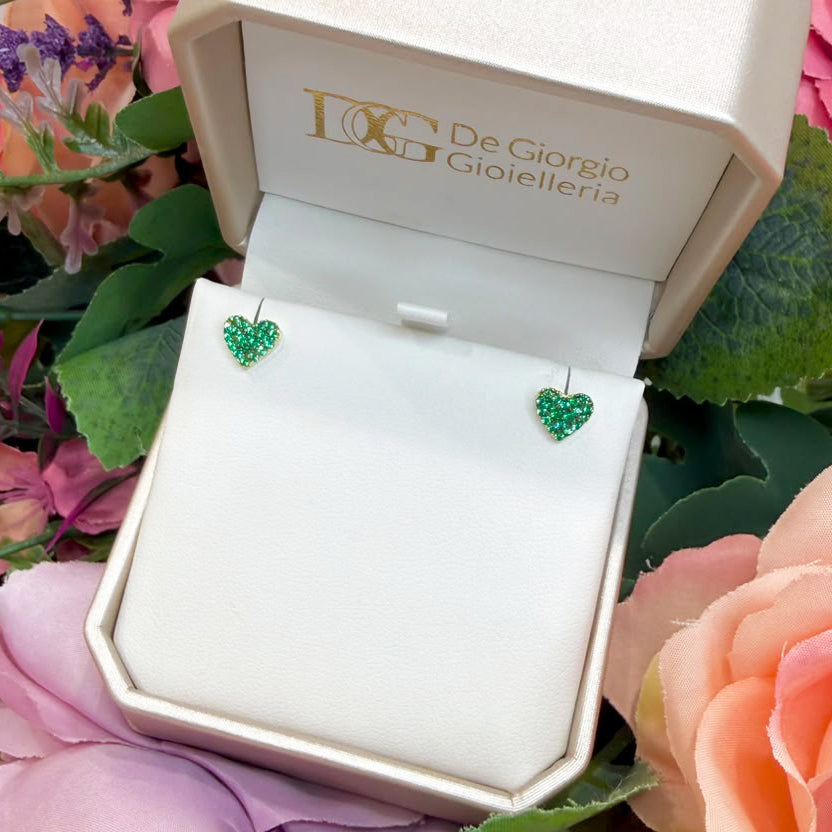 ORECCHINI A CUORE IN ORO GIALLO 18 KT (750) CON PIETRE VERDI
