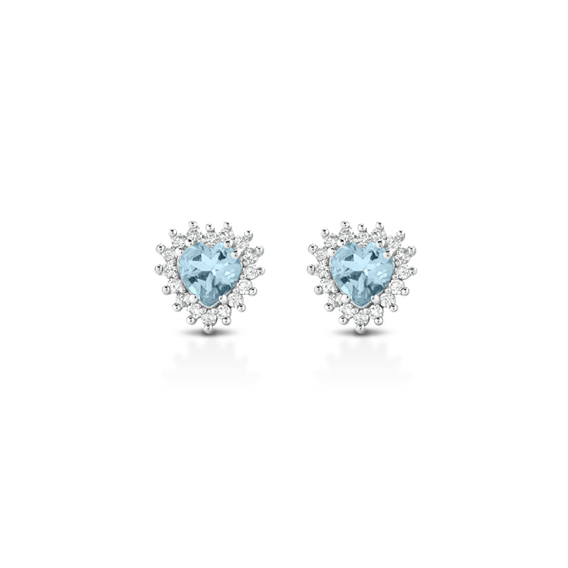 ORECCHINI CUORE IN ORO BIANCO 18KT, DIAMANTI E ACQUAMARINA
