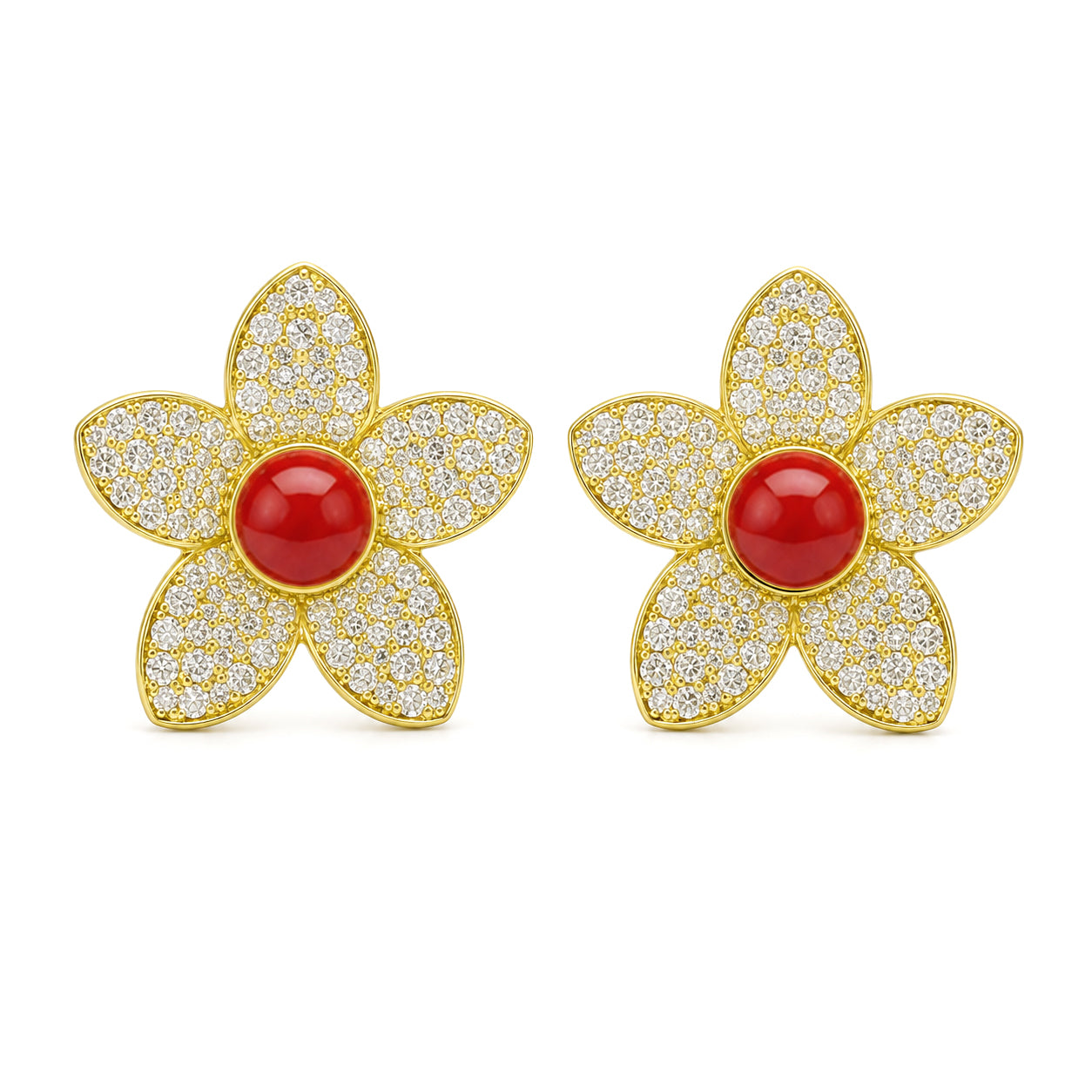 ORECCHINI FIORE,CORALLO E ZIRCONI PAVÉ DORATI IN ARGENTO 925
