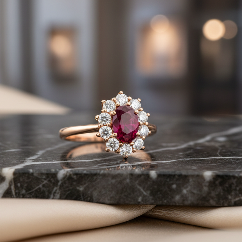 ANELLO IN ORO ROSA 18 CARATI CON DIAMANTI E RUBINO